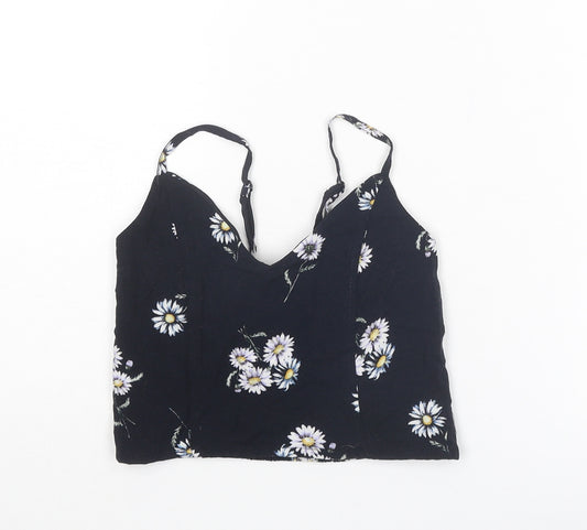 Divided by H&M Womens Black Floral Viscose Cropped Tank Size 8 V-Neck - Flower Detail