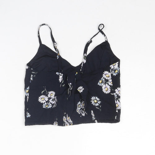 Divided by H&M Womens Black Floral Viscose Cropped Tank Size 8 V-Neck - Flower Detail