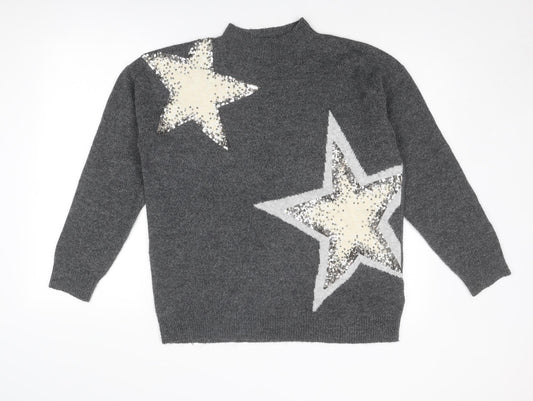 Marks and Spencer Womens Grey Mock Neck Polyester Pullover Jumper Size M - Stars