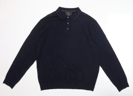 Marks and Spencer Mens Blue Collared Cotton Pullover Jumper Size XL Long Sleeve