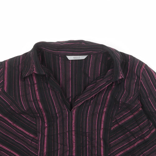 Marks and Spencer Womens Black Striped Cotton Basic Blouse Size 12 Collared