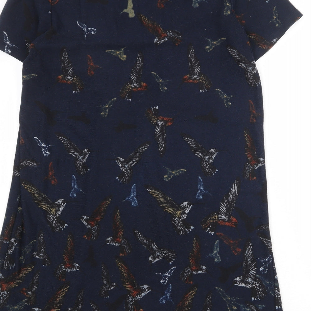 Voulez-Vous Womens Blue Geometric Polyester A-Line Size L Boat Neck Pullover - Bird Print