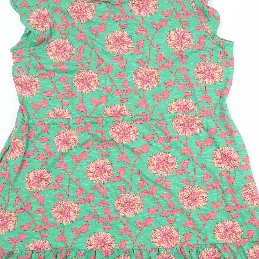 Fat Face Womens Green Floral Cotton Fit & Flare Size 18 V-Neck Button