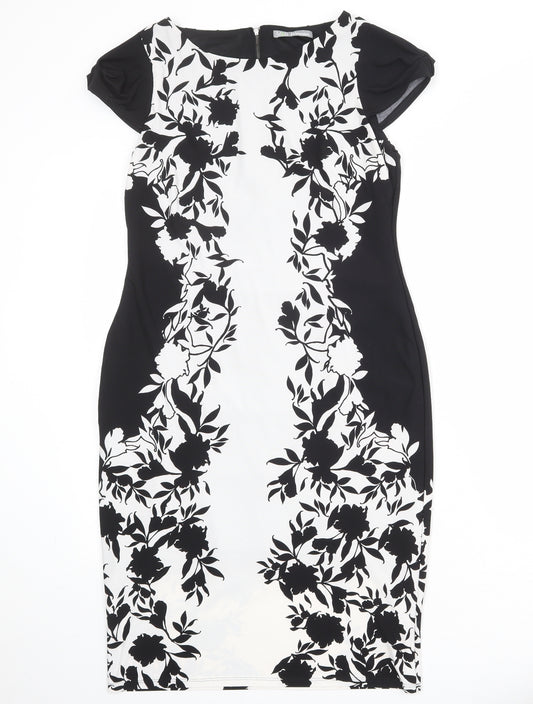Marks and Spencer Womens White Floral Polyester Pencil Dress Size 14 Boat Neck Zip