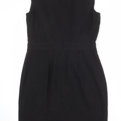 Warehouse Womens Black Polyester Pencil Dress Size 12 Boat Neck Zip - Pleat Front Detail