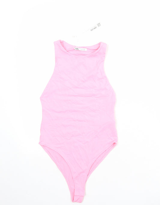 Zara Womens Pink Polyamide Bodysuit One-Piece Size S Snap