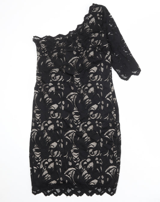 H&M Womens Black Floral Polyamide A-Line Size M One Shoulder Zip