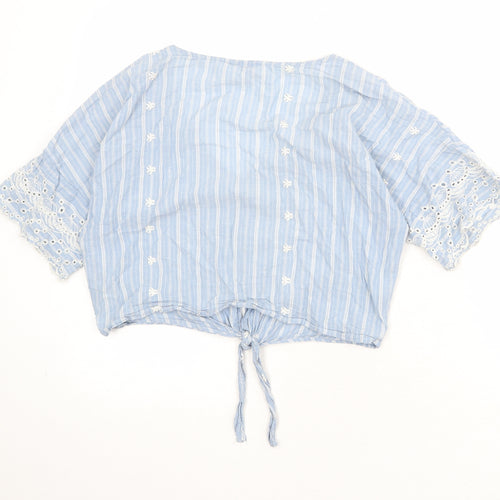 Dizzy Lizzie Womens Blue Striped Viscose Cropped Blouse Size S V-Neck - Broderie Anglaise