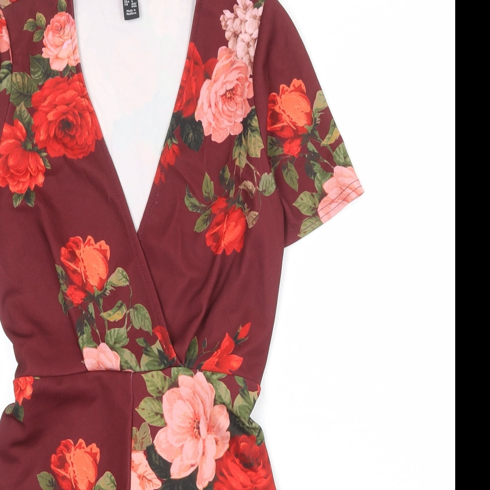 New Look Womens Red Floral Polyester Playsuit One-Piece Size 8 Pullover