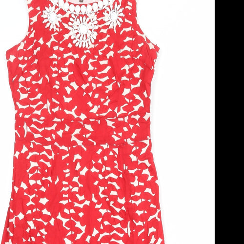 Phase Eight Womens Red Floral 100% Cotton A-Line Size 10 Round Neck Zip