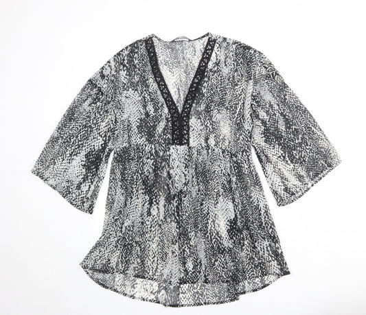 Marks and Spencer Womens Grey Geometric Polyester Basic Blouse Size 8 V-Neck