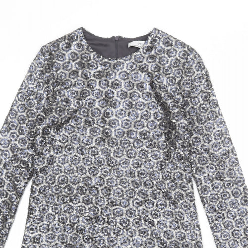Zara Womens Silver Geometric Polyester A-Line Size M Round Neck Button