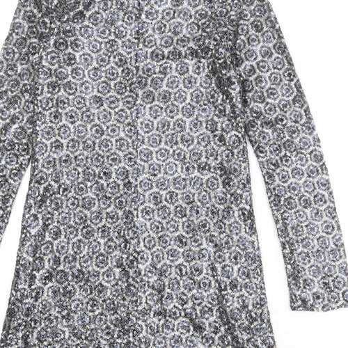 Zara Womens Silver Geometric Polyester A-Line Size M Round Neck Button