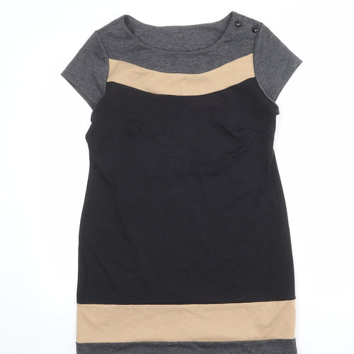 BHS Womens Black Colourblock Polyester Shirt Dress Size 10 Round Neck Button