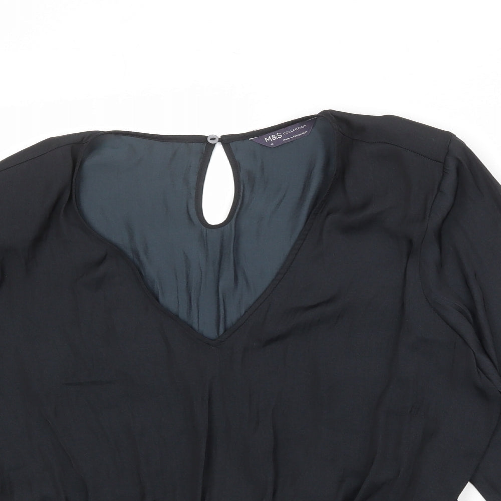 Marks and Spencer Womens Black Polyester Basic Blouse Size 10 V-Neck