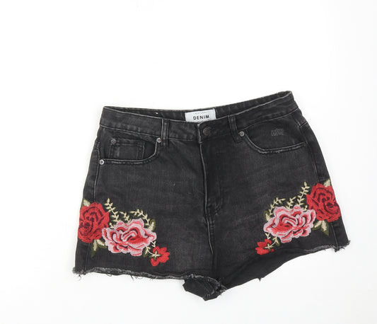 New Look Womens Black Cotton Hot Pants Shorts Size 12 Regular Zip - Flower Detail