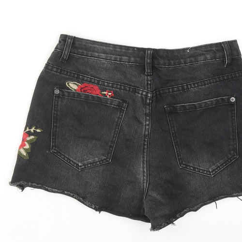 New Look Womens Black Cotton Hot Pants Shorts Size 12 Regular Zip - Flower Detail