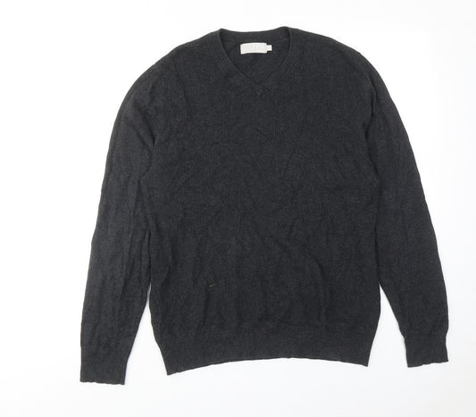 Debenhams Mens Grey V-Neck Cotton Pullover Jumper Size M Long Sleeve