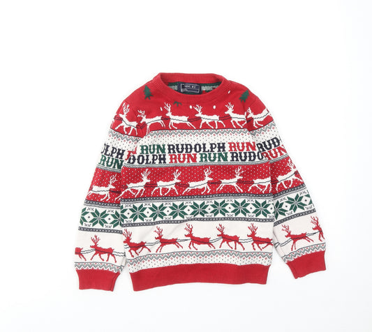 NEXT Boys Red Crew Neck Geometric Cotton Pullover Jumper Size 4-5 Years Pullover - Christmas Reindeer