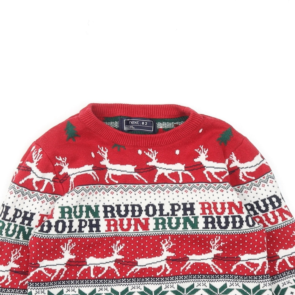 NEXT Boys Red Crew Neck Geometric Cotton Pullover Jumper Size 4-5 Years Pullover - Christmas Reindeer