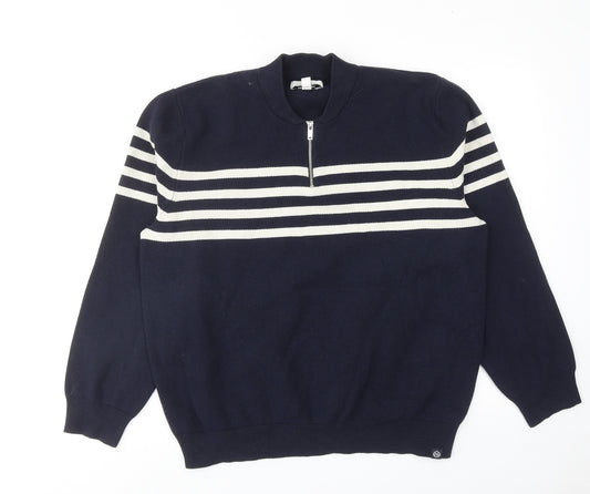 Marks and Spencer Mens Blue Round Neck Polyester Pullover Jumper Size XL Long Sleeve - Stripe Detail