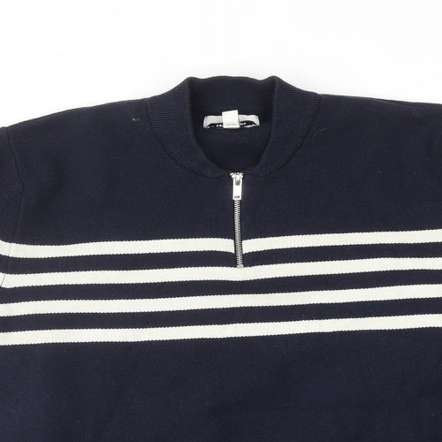 Marks and Spencer Mens Blue Round Neck Polyester Pullover Jumper Size XL Long Sleeve - Stripe Detail
