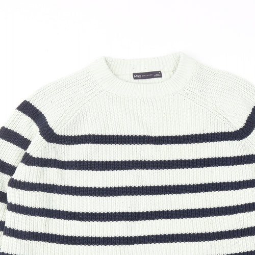 Marks and Spencer Womens White Round Neck Striped Cotton Pullover Jumper Size M