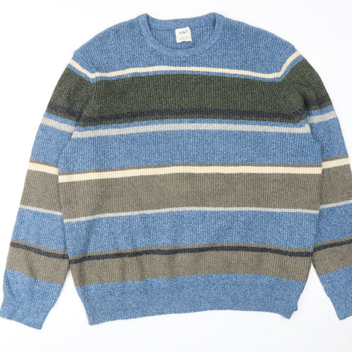 Marks and Spencer Mens Blue Round Neck Striped Polyamide Pullover Jumper Size 2XL Long Sleeve