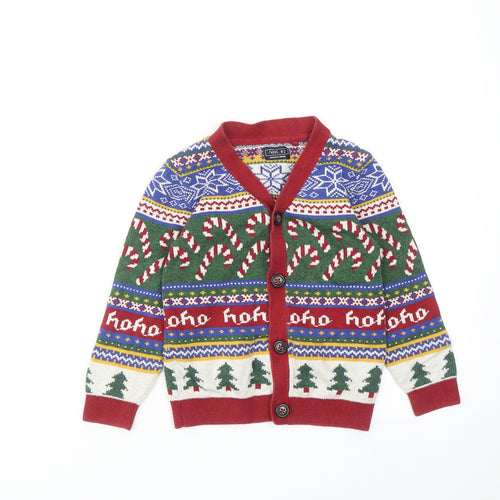 NEXT Boys Multicoloured V-Neck Geometric Cotton Cardigan Jumper Size 6 Years Button - Christmas