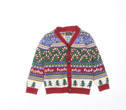 NEXT Boys Multicoloured V-Neck Geometric Cotton Cardigan Jumper Size 6 Years Button - Christmas