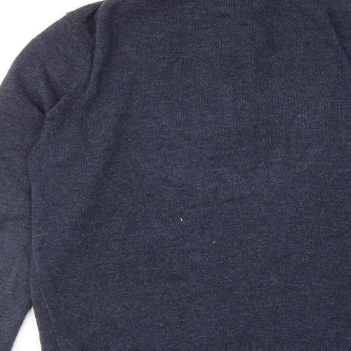 Marks and Spencer Mens Blue High Neck Wool Henley Jumper Size L Long Sleeve