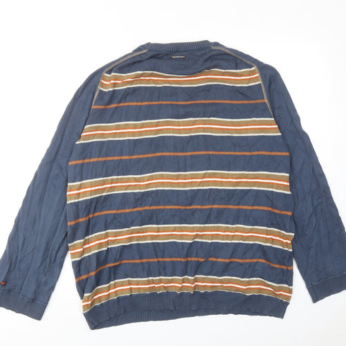 Point Zero Mens Blue Round Neck Striped Cotton Pullover Jumper Size XL Long Sleeve