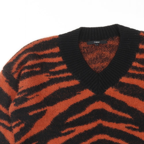 NEXT Womens Brown V-Neck Animal Print Acrylic Pullover Jumper Size S - Tiger Print