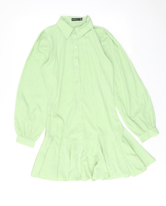 Boohoo Womens Green Polyester Shift Size 6 Collared Button
