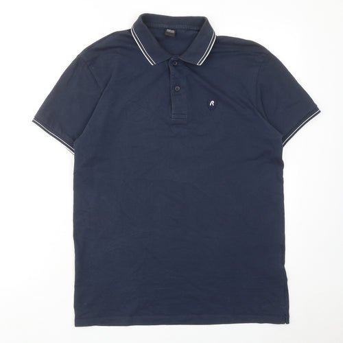 Replay Mens Blue Cotton Polo Size M Collared Button