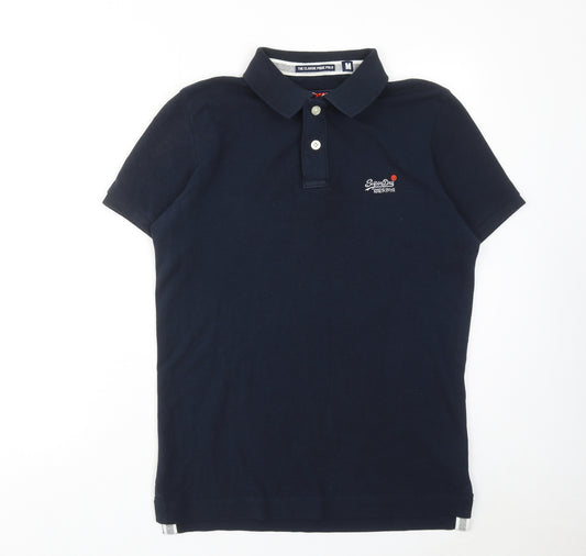 Superdry Mens Blue Cotton Polo Size M Collared Button
