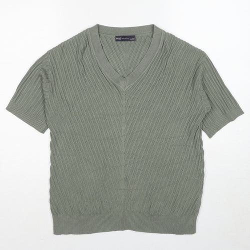 Marks and Spencer Womens Green Viscose Basic T-Shirt Size S V-Neck