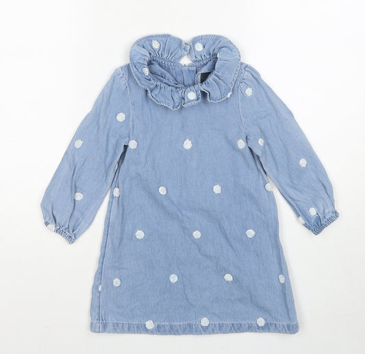 Marks and Spencer Girls Blue Polka Dot Cotton A-Line Size 2-3 Years Collared Zip