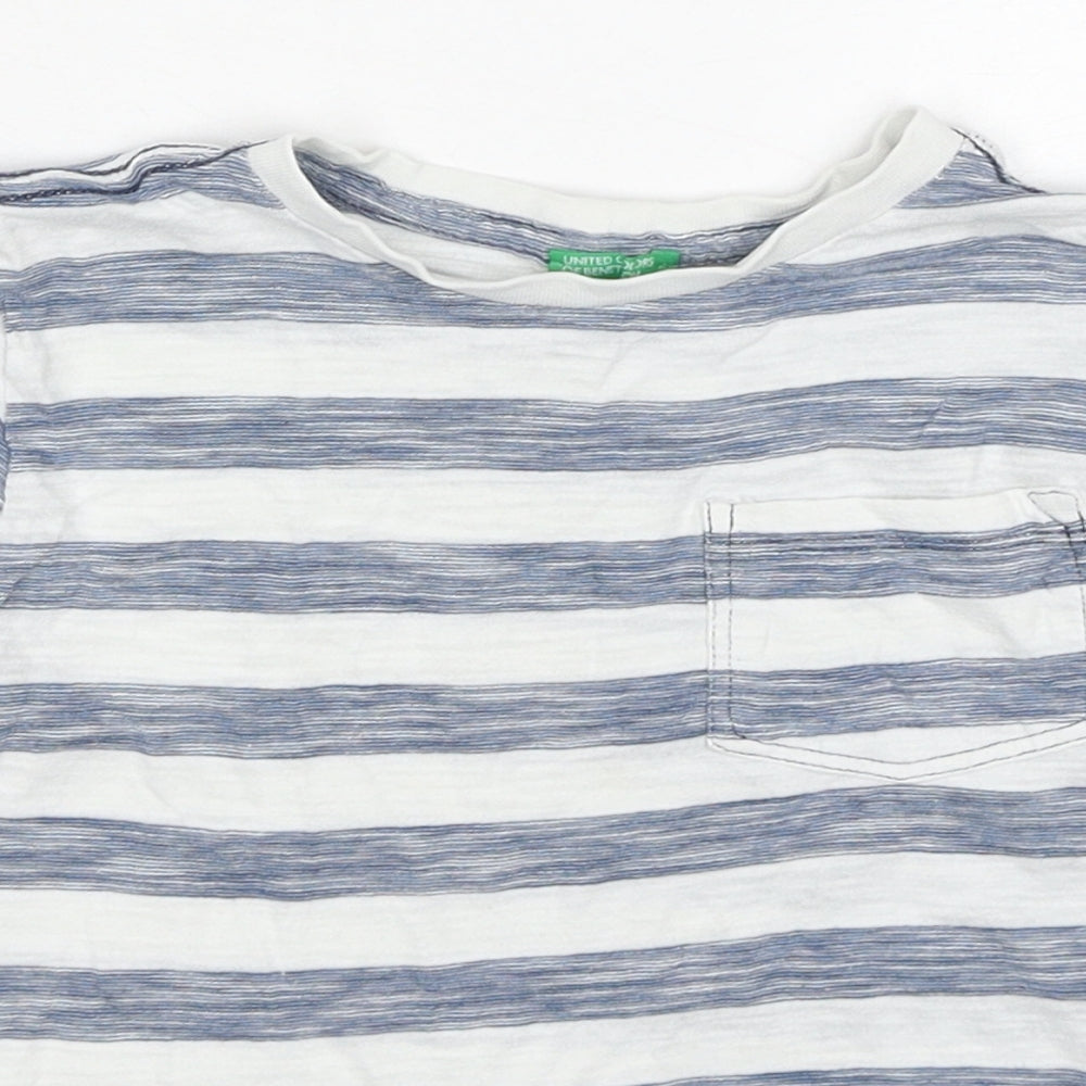 United Colors of Benetton Boys White Striped Cotton Basic T-Shirt Size 4-5 Years Round Neck Pullover
