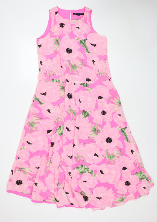 French Connection Womens Pink Floral Silk Fit & Flare Size 10 Round Neck Button
