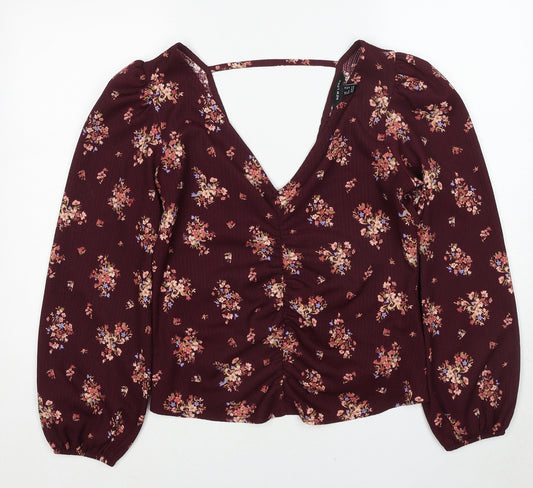 New Look Womens Red Floral Polyester Basic Blouse Size 14 V-Neck