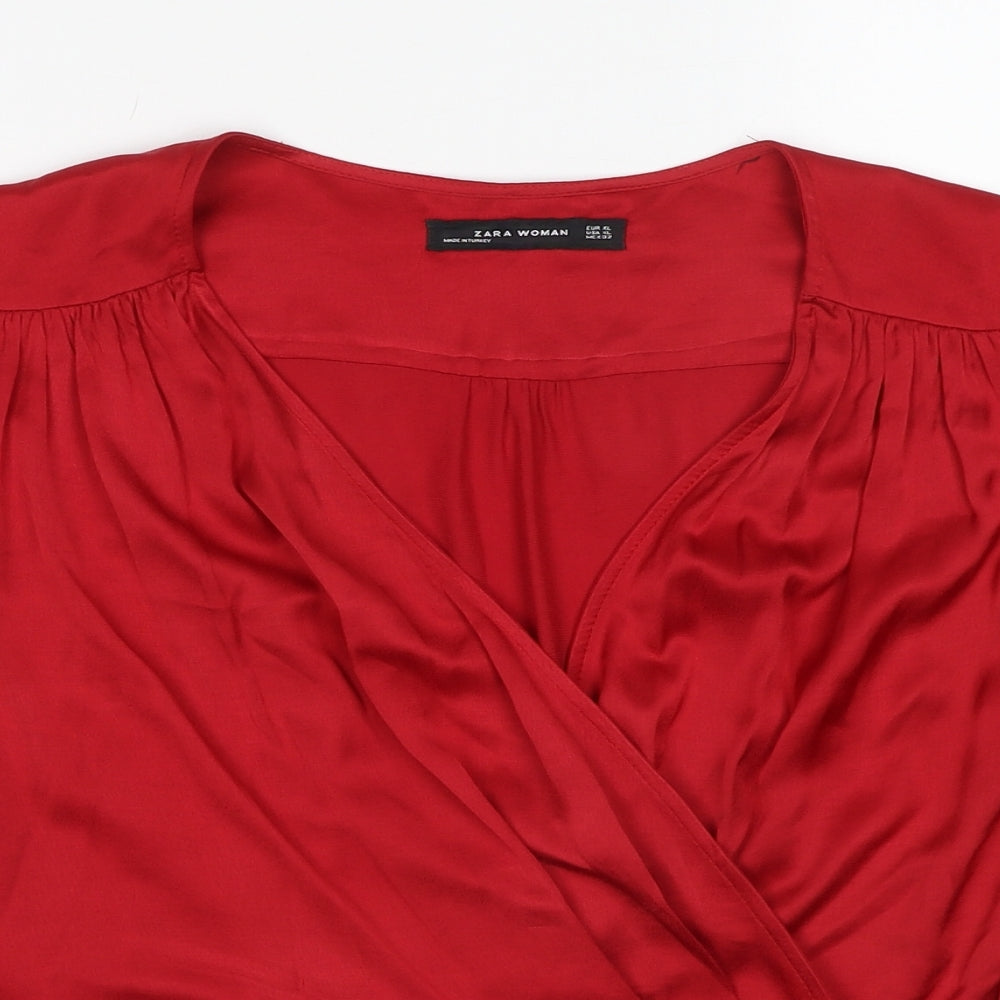 Zara Womens Red Polyester Wrap Blouse Size XL V-Neck
