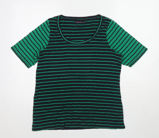 Marks and Spencer Womens Green Striped Cotton Basic T-Shirt Size 20 Round Neck