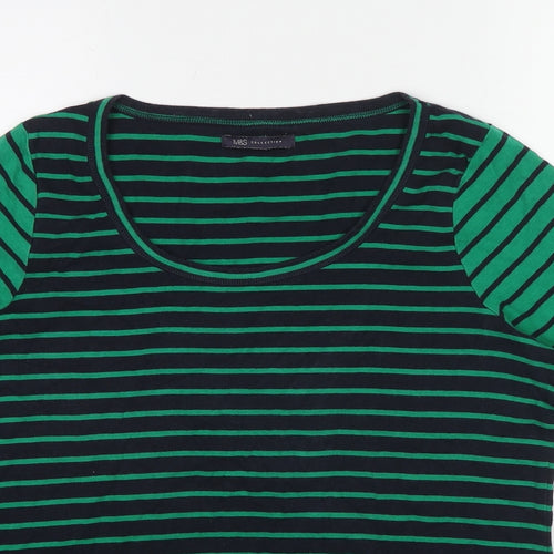 Marks and Spencer Womens Green Striped Cotton Basic T-Shirt Size 20 Round Neck