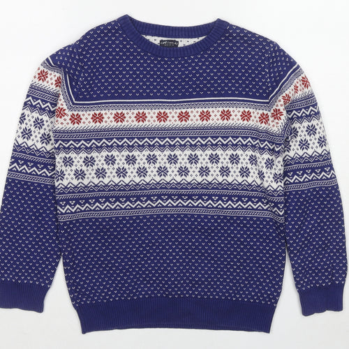 NEXT Boys Blue Crew Neck Fair Isle Cotton Pullover Jumper Size 9 Years Pullover