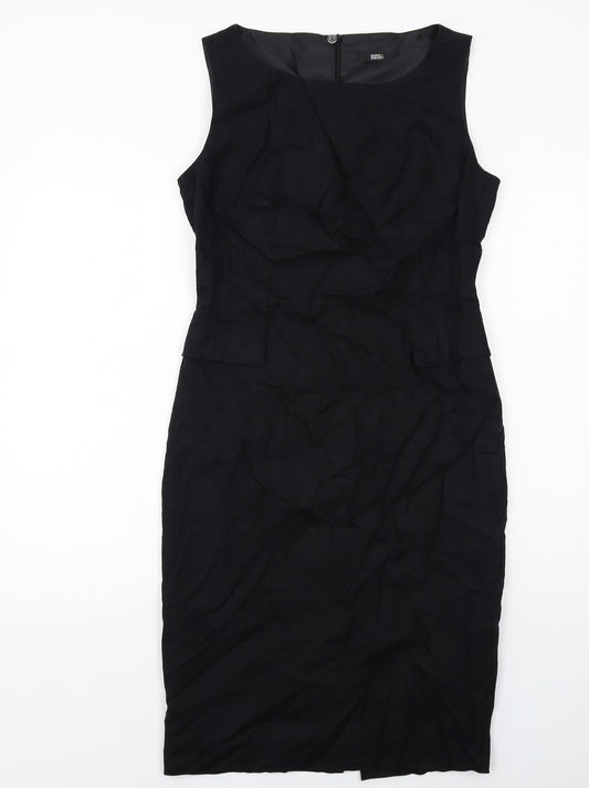 Marks and Spencer Womens Black Linen Pencil Dress Size 12 Boat Neck Zip