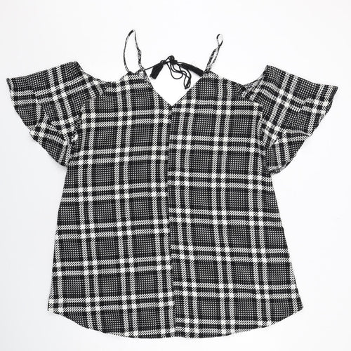 River Island Womens Black Plaid Polyester Trapeze & Swing Size 16 V-Neck Pullover - Cold Shoulder Detail
