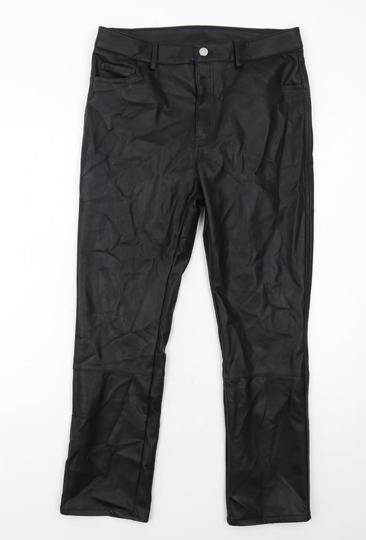H&M Womens Black Polyester Trousers Size 14 Regular Zip - Faux Leather