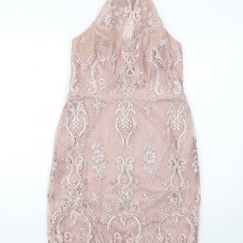 Miss Selfridge Womens Pink Geometric Polyester A-Line Size 10 Halter Zip