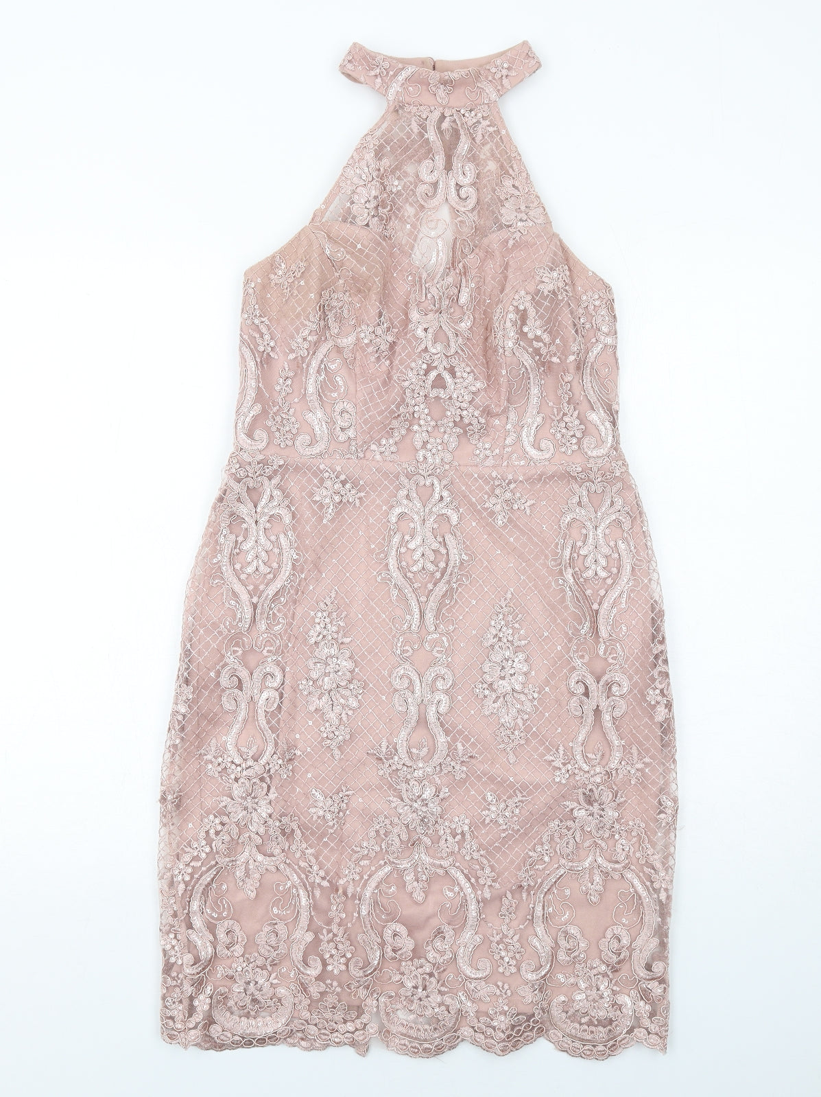 Miss Selfridge Womens Pink Geometric Polyester A-Line Size 10 Halter Zip